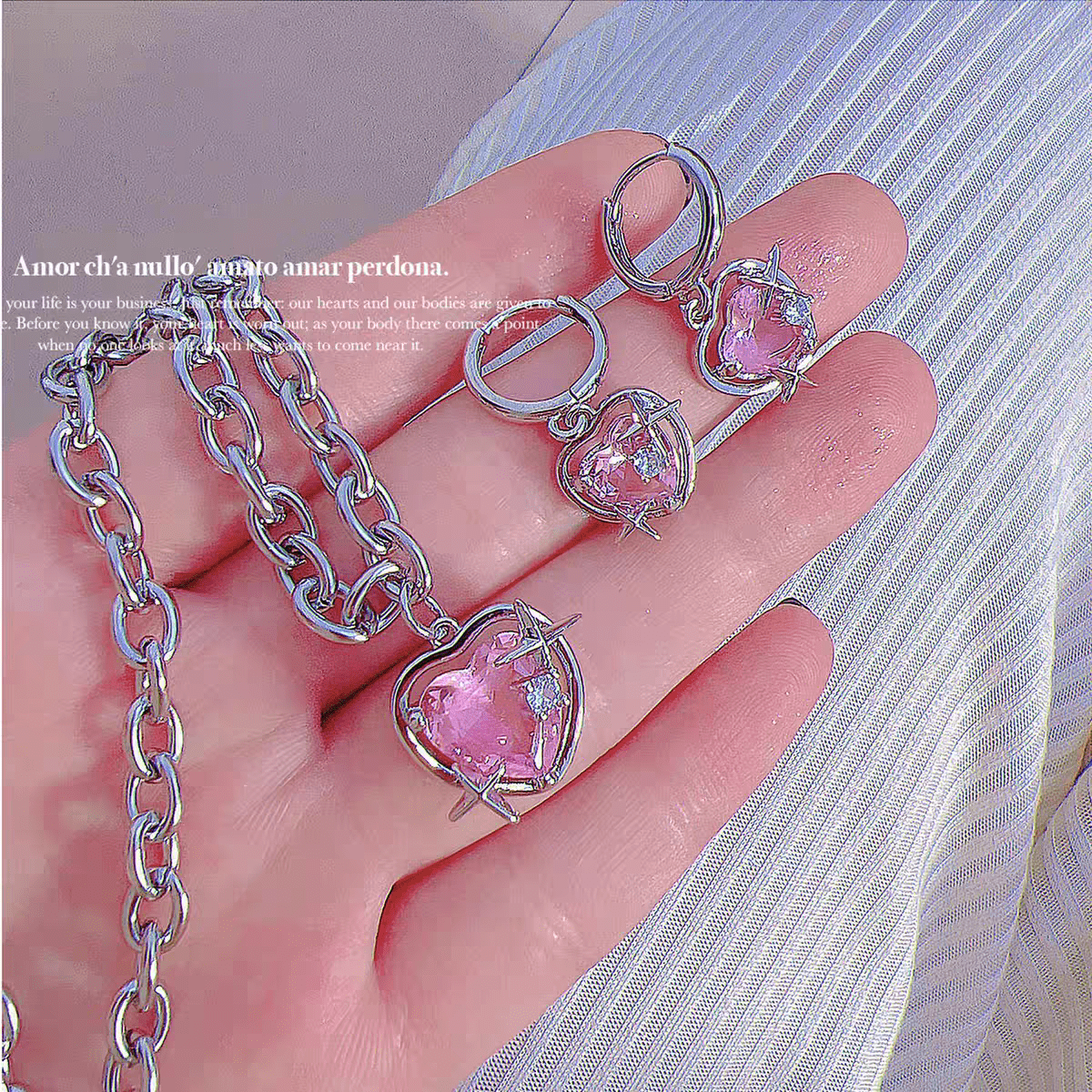 Pink Heart Star Necklace Earrings Set - ArtGalleryZen