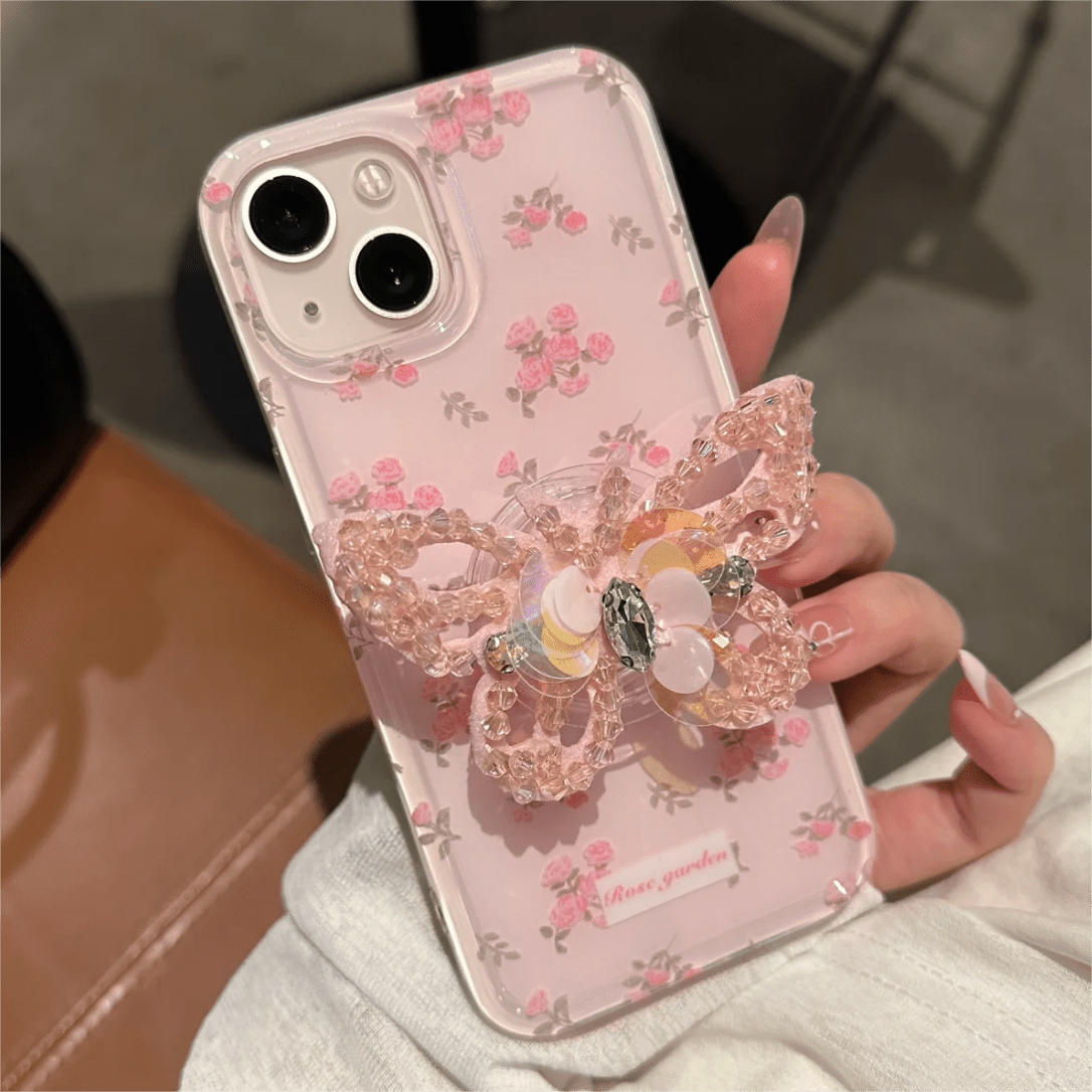 Pink Rose Rhinestone Inlaid Crystal Sequin Butterfly Stand iPhone Case - ArtGalleryZen