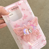 Thumbnail for Pink Rose Rhinestone Inlaid Crystal Sequin Butterfly Stand iPhone Case - ArtGalleryZen