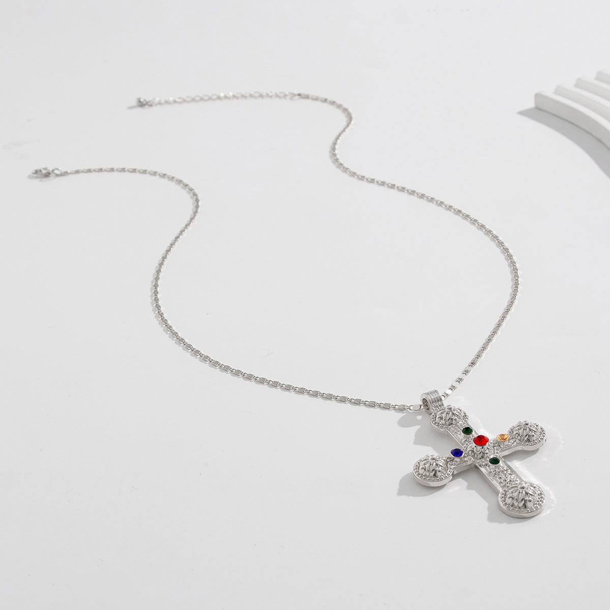 Punk Chunky Rhinestone Inlaid Floral Cross Pendant Necklace - ArtGalleryZen