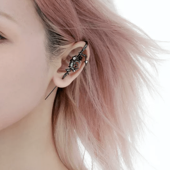 Punk CZ Inlaid Moon Star Rose Hook Needle Piercing Stud Earring - ArtGalleryZen