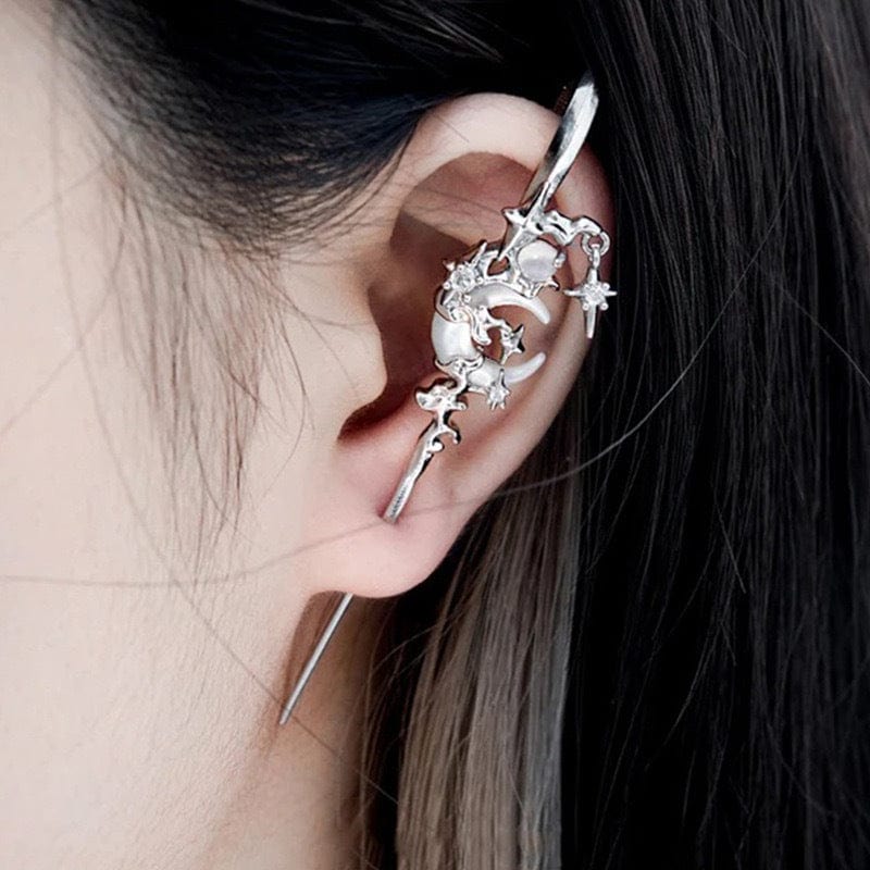 Punk CZ Inlaid Moon Star Rose Hook Needle Piercing Stud Earring - ArtGalleryZen
