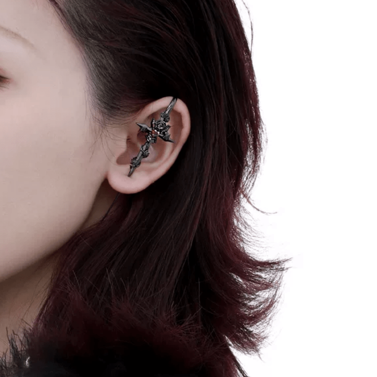 Punk CZ Inlaid Moon Star Rose Hook Needle Piercing Stud Earring - ArtGalleryZen