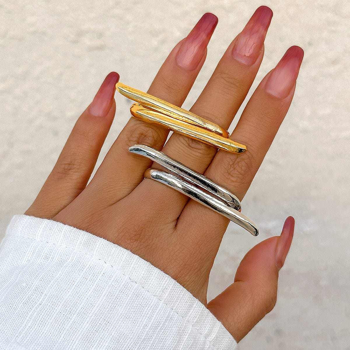 Punk Exaggerated Long Bar Double Finger Ring - ArtGalleryZen