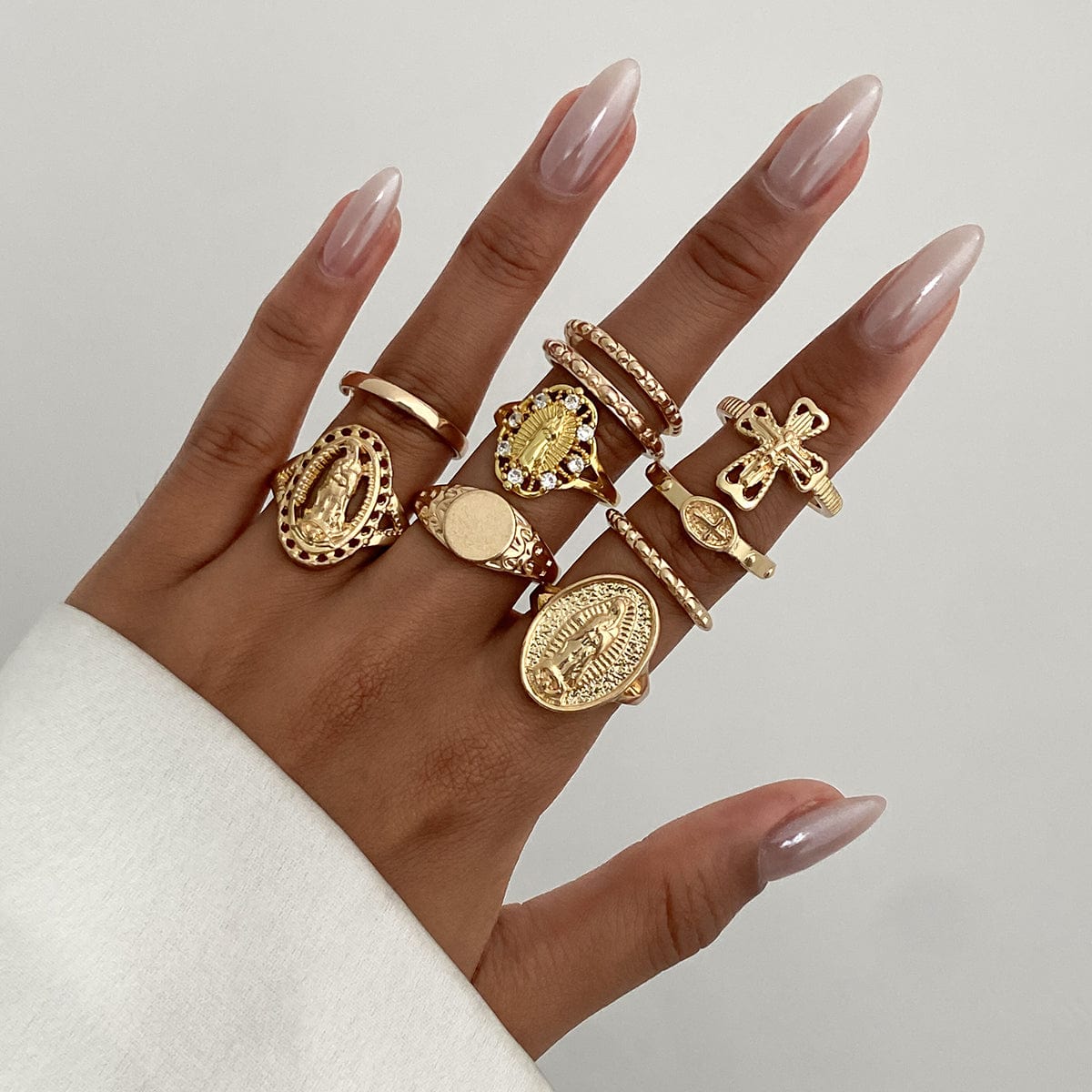 Punk Style 10pcs Rhinestone Inlaid Hollow Oval Disk Cross Ring Set - ArtGalleryZen