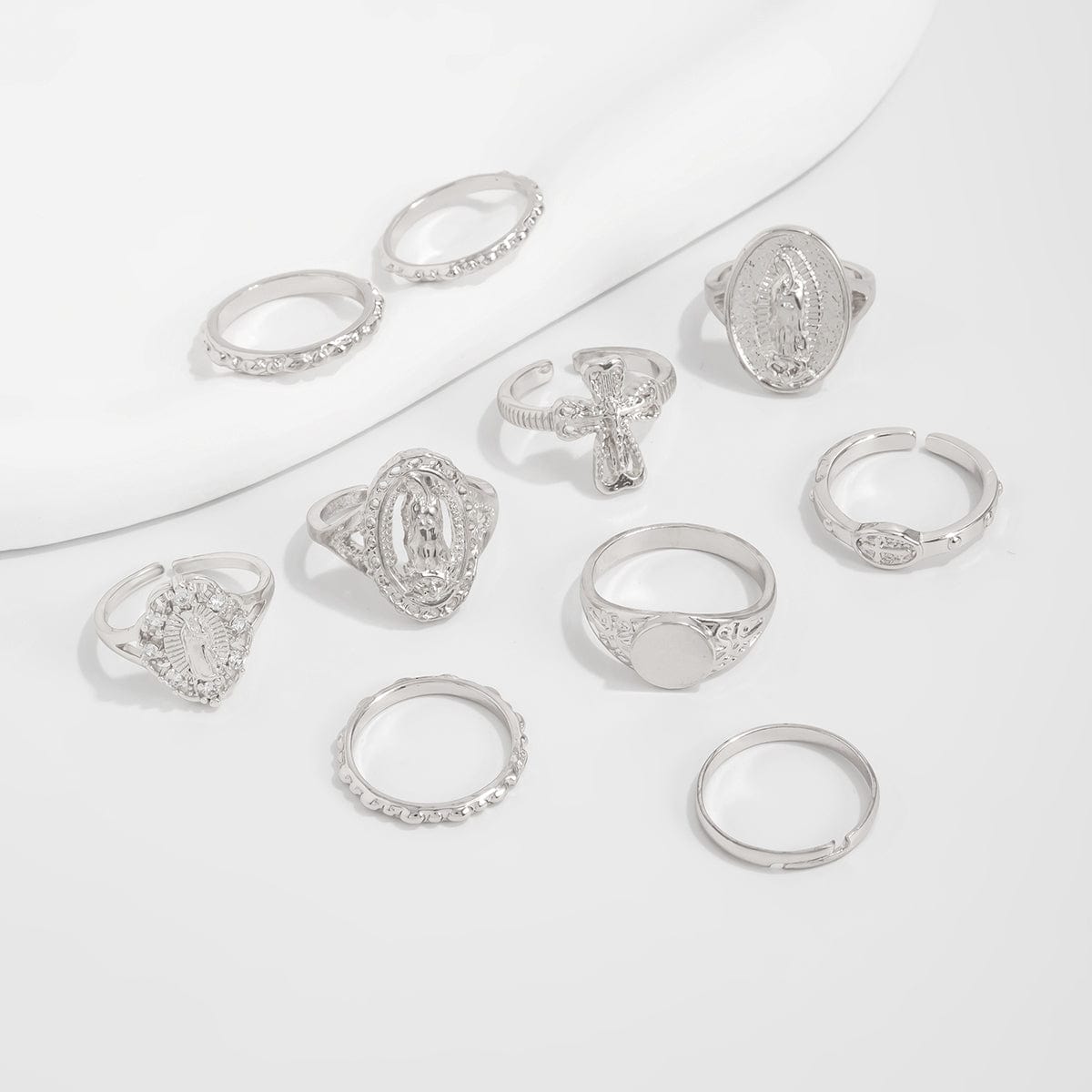 Punk Style 10pcs Rhinestone Inlaid Hollow Oval Disk Cross Ring Set - ArtGalleryZen