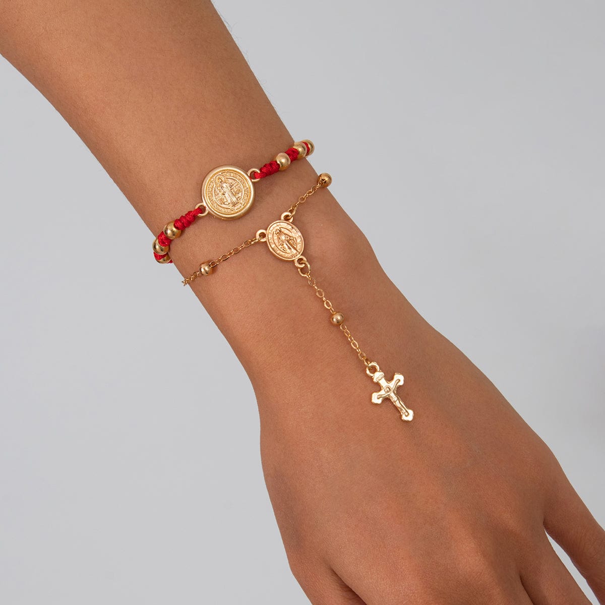 Retro 2pcs Cross Relief Disk Charm Braided Jade Cord Bracelet Set - ArtGalleryZen