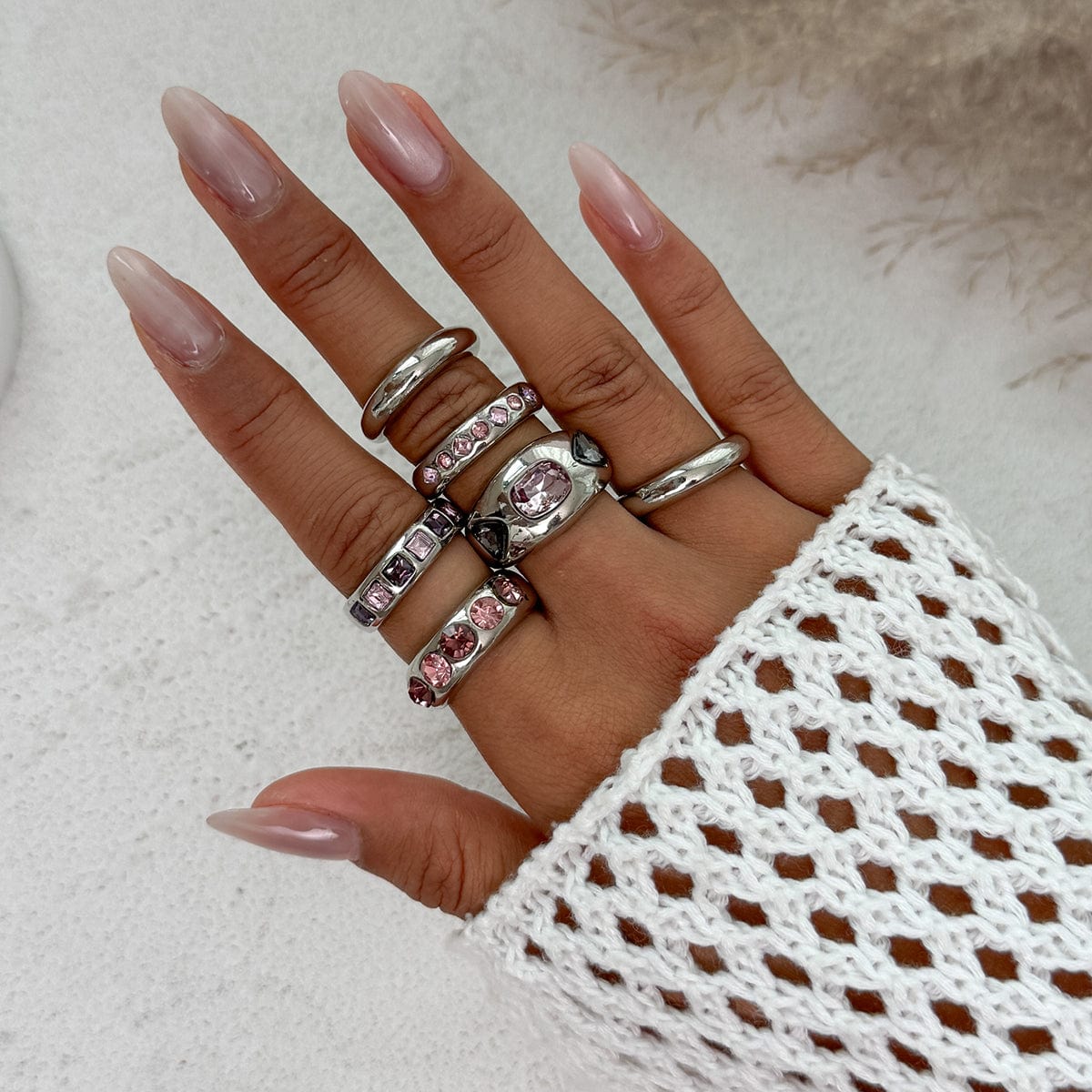 Retro 6pcs Rhinestone Inlaid Glossy Open Ring Set - ArtGalleryZen