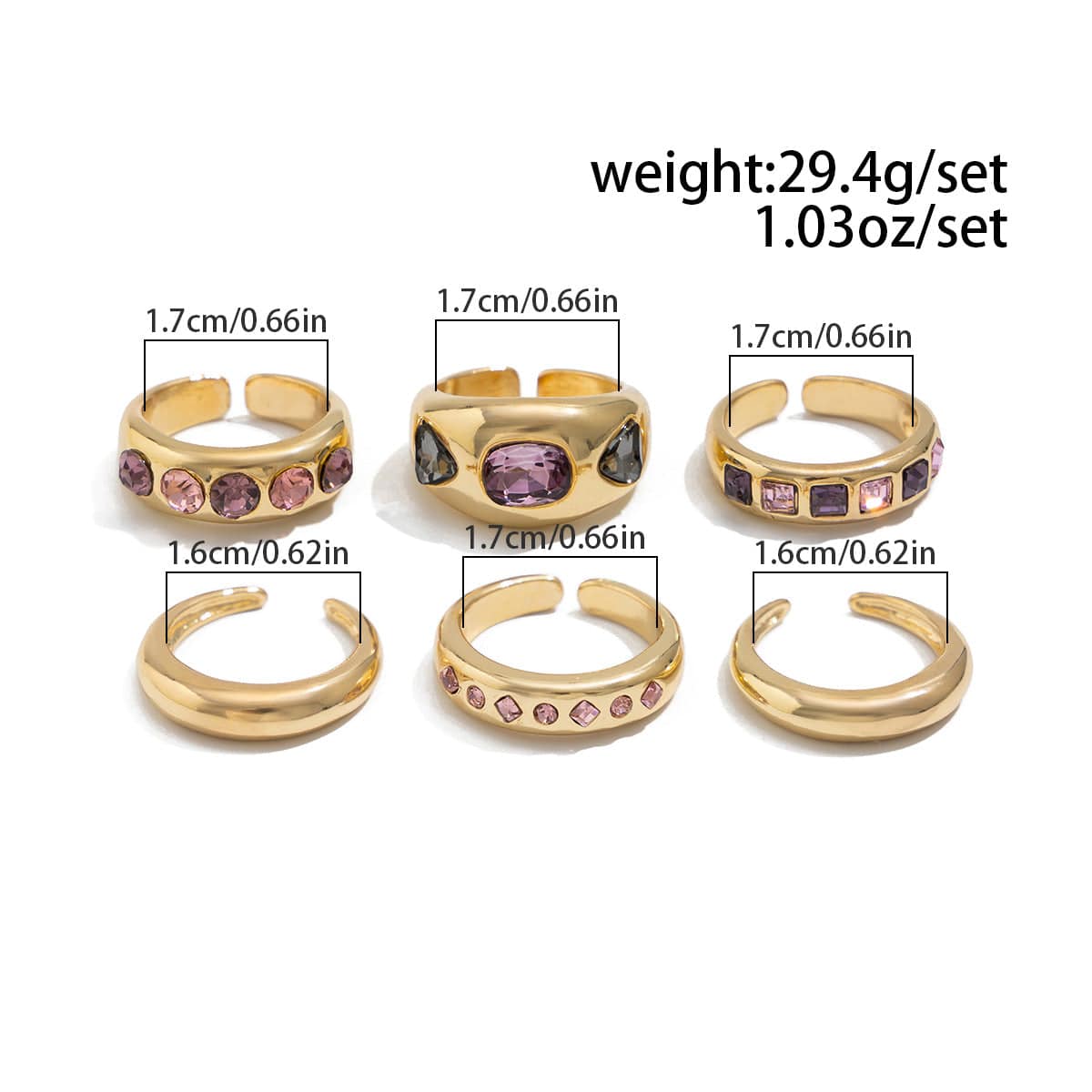 Retro 6pcs Rhinestone Inlaid Glossy Open Ring Set - ArtGalleryZen