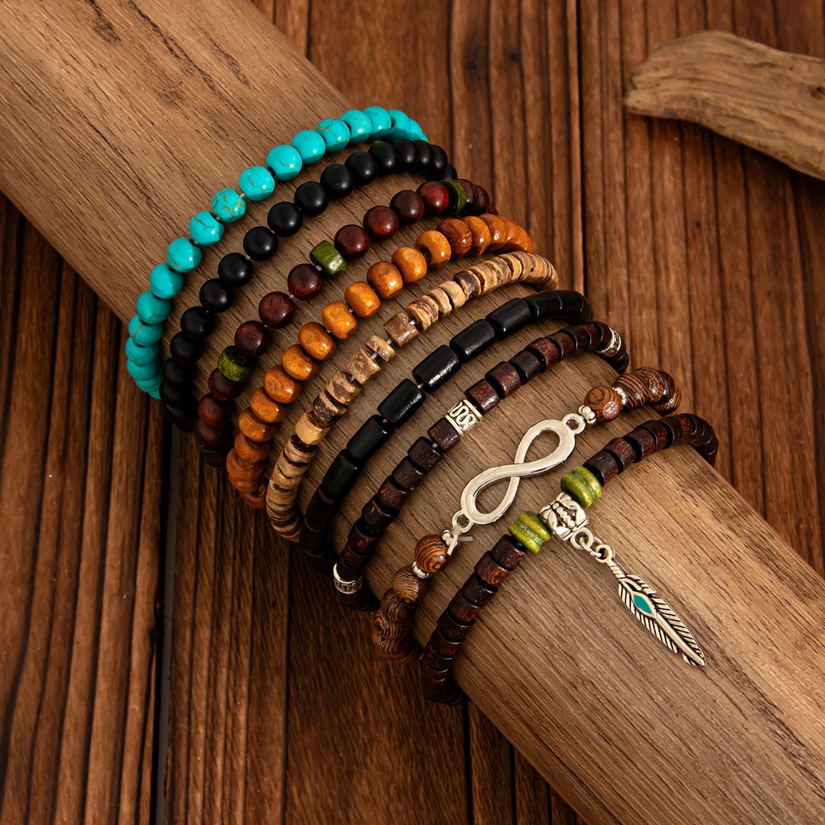 Retro 9pcs Infinity Symbol Feather Charm Turquoise Coconut Shell Wood Beaded Chain Bracelet Set - ArtGalleryZen