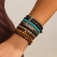 Thumbnail for Retro 9pcs Infinity Symbol Feather Charm Turquoise Coconut Shell Wood Beaded Chain Bracelet Set - ArtGalleryZen