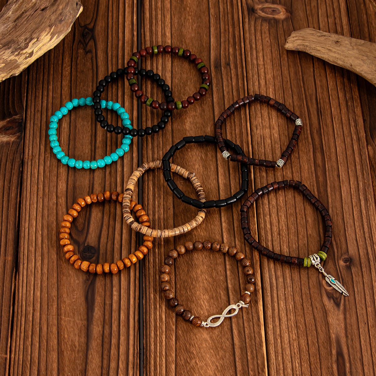Retro 9pcs Infinity Symbol Feather Charm Turquoise Coconut Shell Wood Beaded Chain Bracelet Set - ArtGalleryZen
