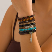 Thumbnail for Retro 9pcs Infinity Symbol Feather Charm Turquoise Coconut Shell Wood Beaded Chain Bracelet Set - ArtGalleryZen