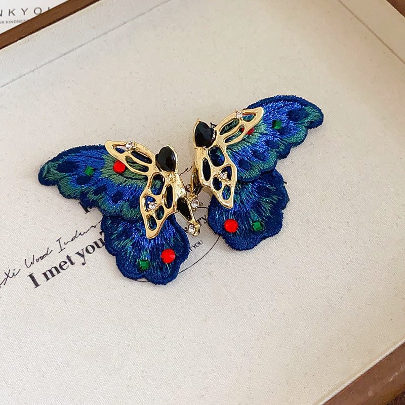 Retro Chunky Rhinestone Inlaid Embroidery Butterfly Stud Earrings - ArtGalleryZen