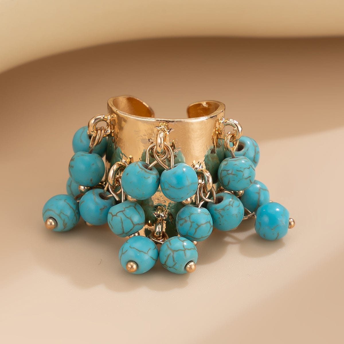 Retro Chunky Tiger Stone Turquoise Pearl Tassel Wide Open Ring - ArtGalleryZen