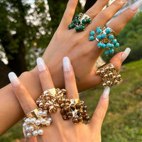 Thumbnail for Retro Chunky Tiger Stone Turquoise Pearl Tassel Wide Open Ring - ArtGalleryZen
