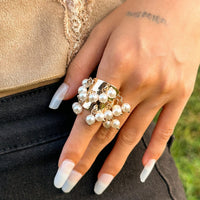 Thumbnail for Retro Chunky Tiger Stone Turquoise Pearl Tassel Wide Open Ring - ArtGalleryZen