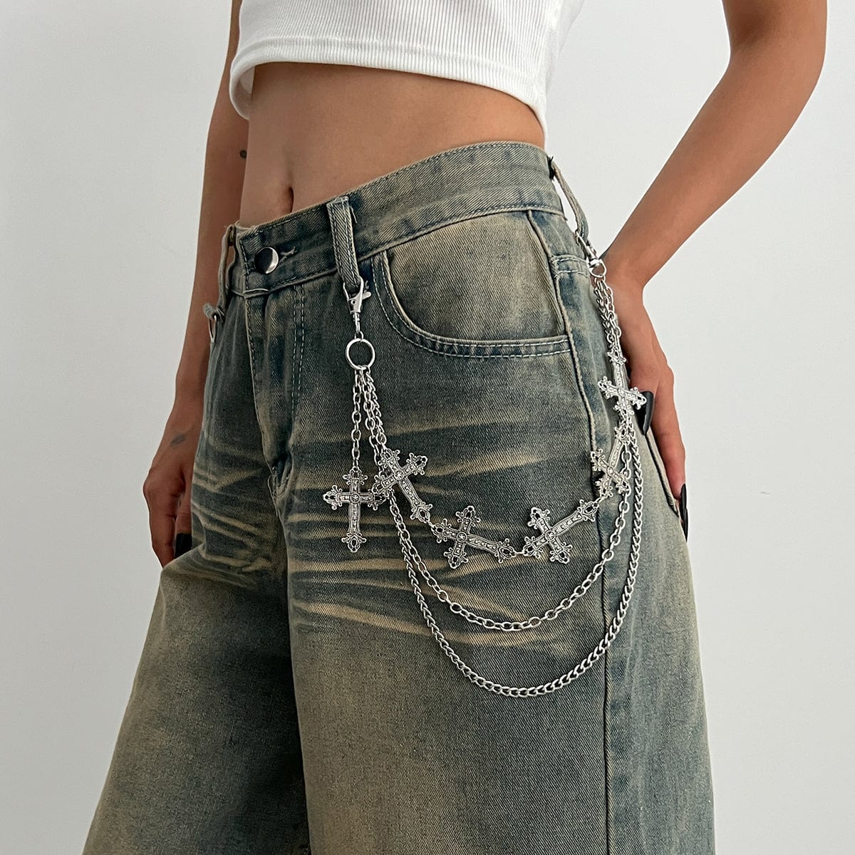 Retro Layered Carved Cross Pendant Trouser Chain - ArtGalleryZen