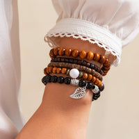 Thumbnail for Retro Layered Feather Charm Coconut Shell Wood Beaded Chain Bracelet Set - ArtGalleryZen