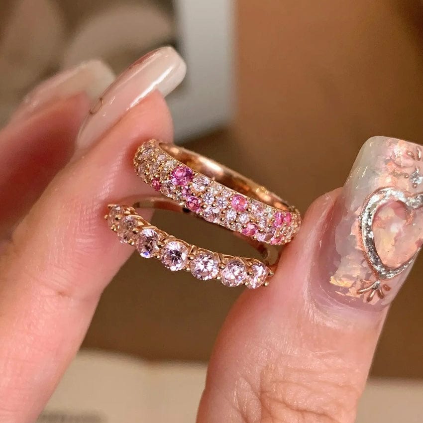 Sparkling Pink CZ Inlaid Rose Gold Plated Stackable Ring Set - ArtGalleryZen