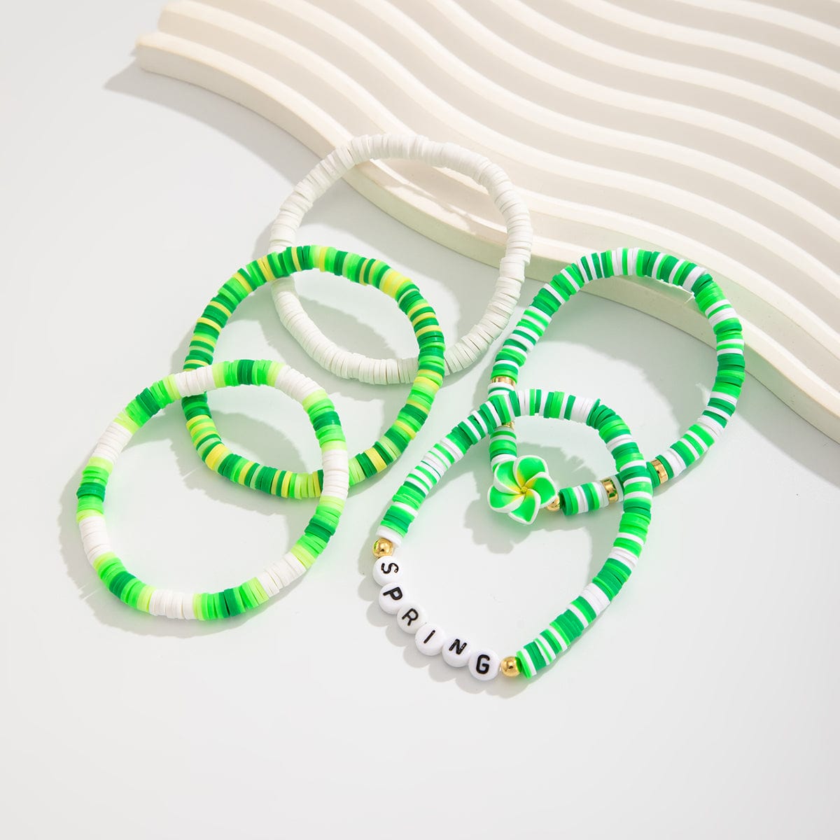 Spring Themed Flower Letter Polymer Clay Beaded Bracelet Set - ArtGalleryZen