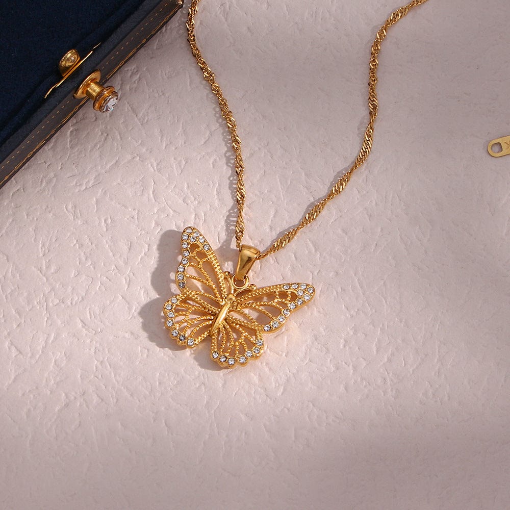 Stainless Steel CZ Inlaid Gold Filled Hollowed-out Butterfly Necklace - ArtGalleryZen
