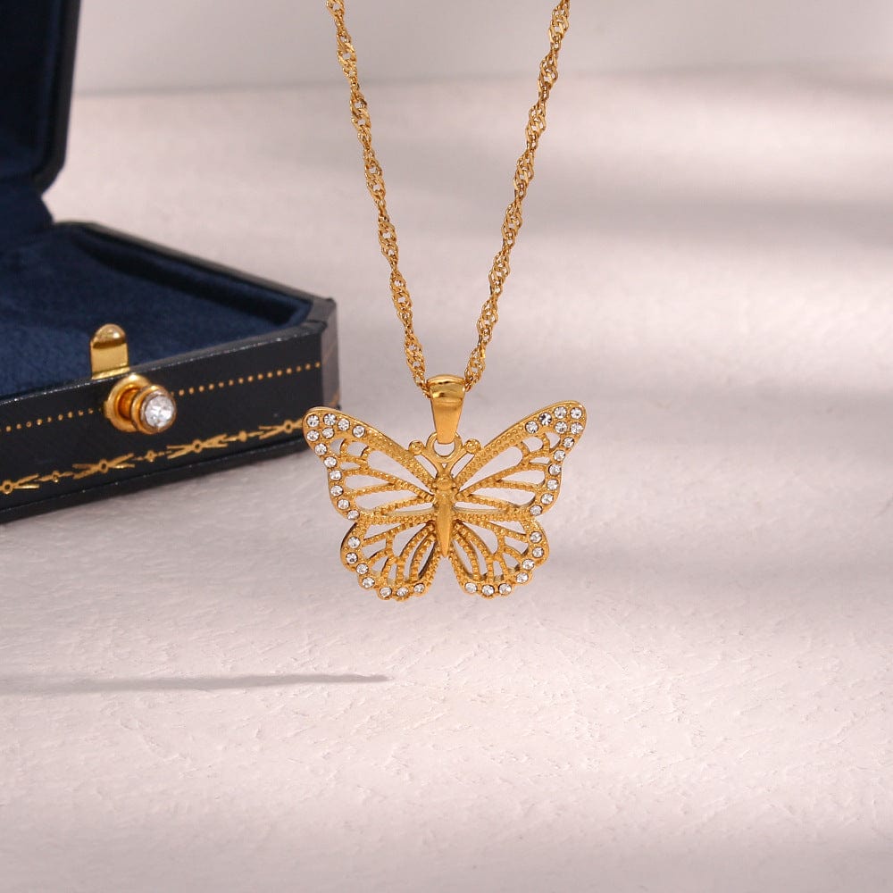 Stainless Steel CZ Inlaid Gold Filled Hollowed-out Butterfly Necklace - ArtGalleryZen