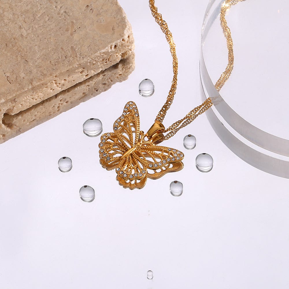 Stainless Steel CZ Inlaid Gold Filled Hollowed-out Butterfly Necklace - ArtGalleryZen