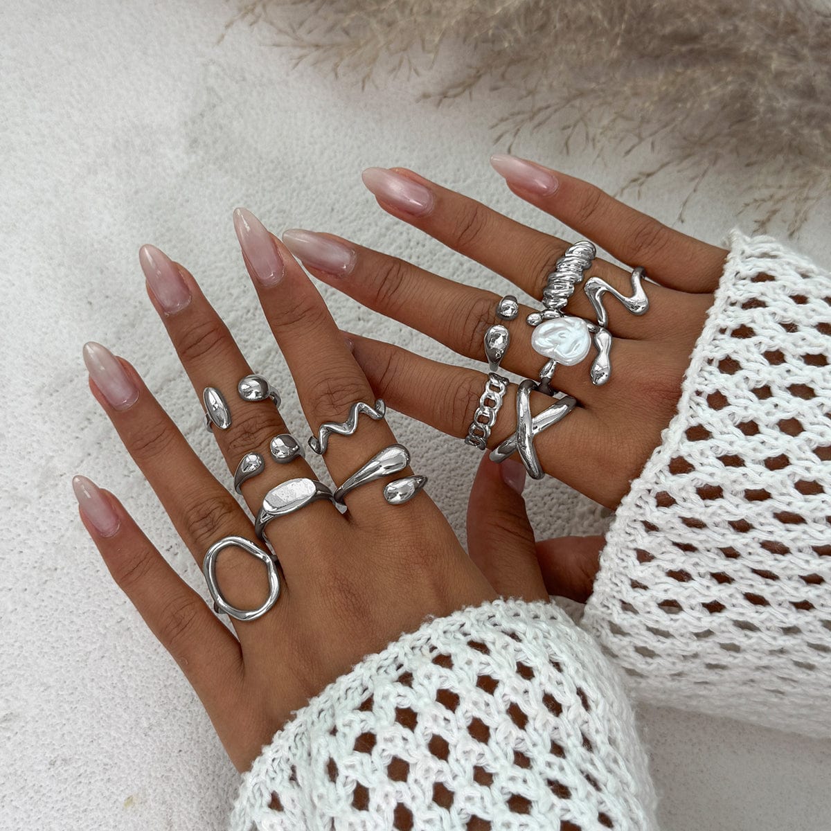 Stylish 12pcs Irregular Pearl Waterdrop Hollow Curved Ring Set - ArtGalleryZen
