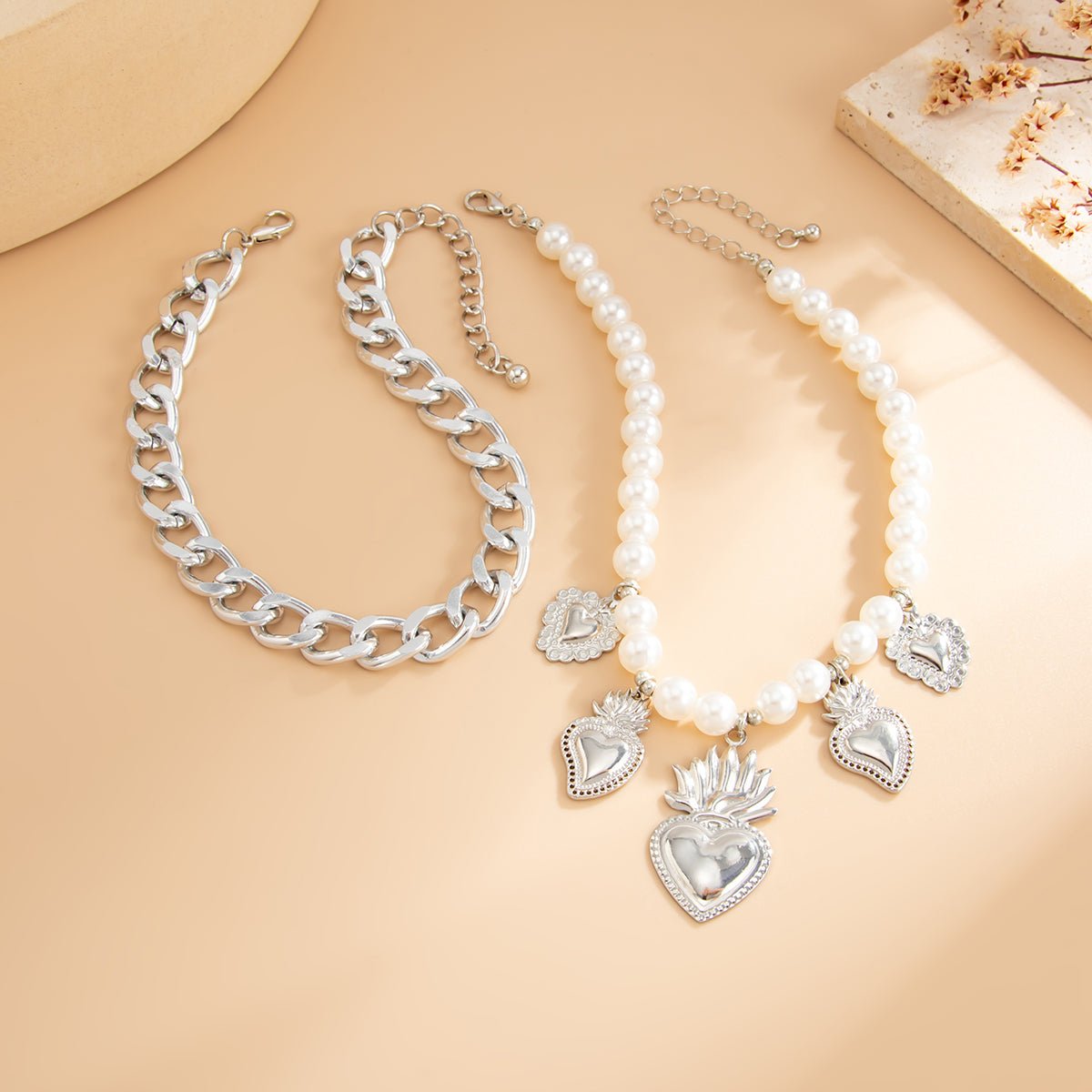 Stylish 2pcs Flame Heart Charm Pearl Chain Anklet Set - ArtGalleryZen