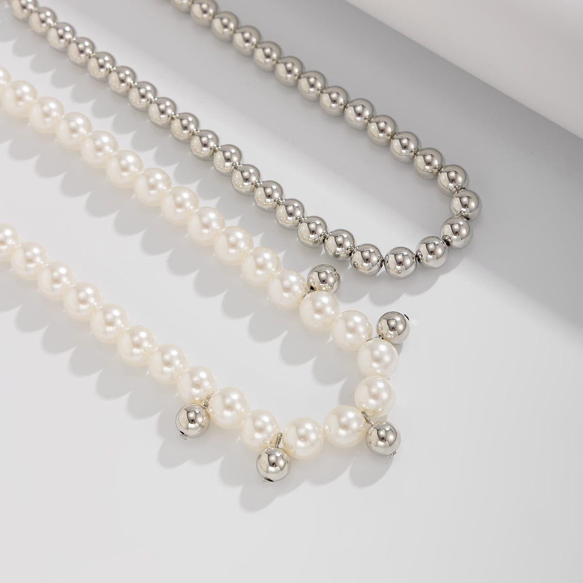 Stylish 2pcs Gold Silver Plated Pearl Chain Necklace Set - ArtGalleryZen