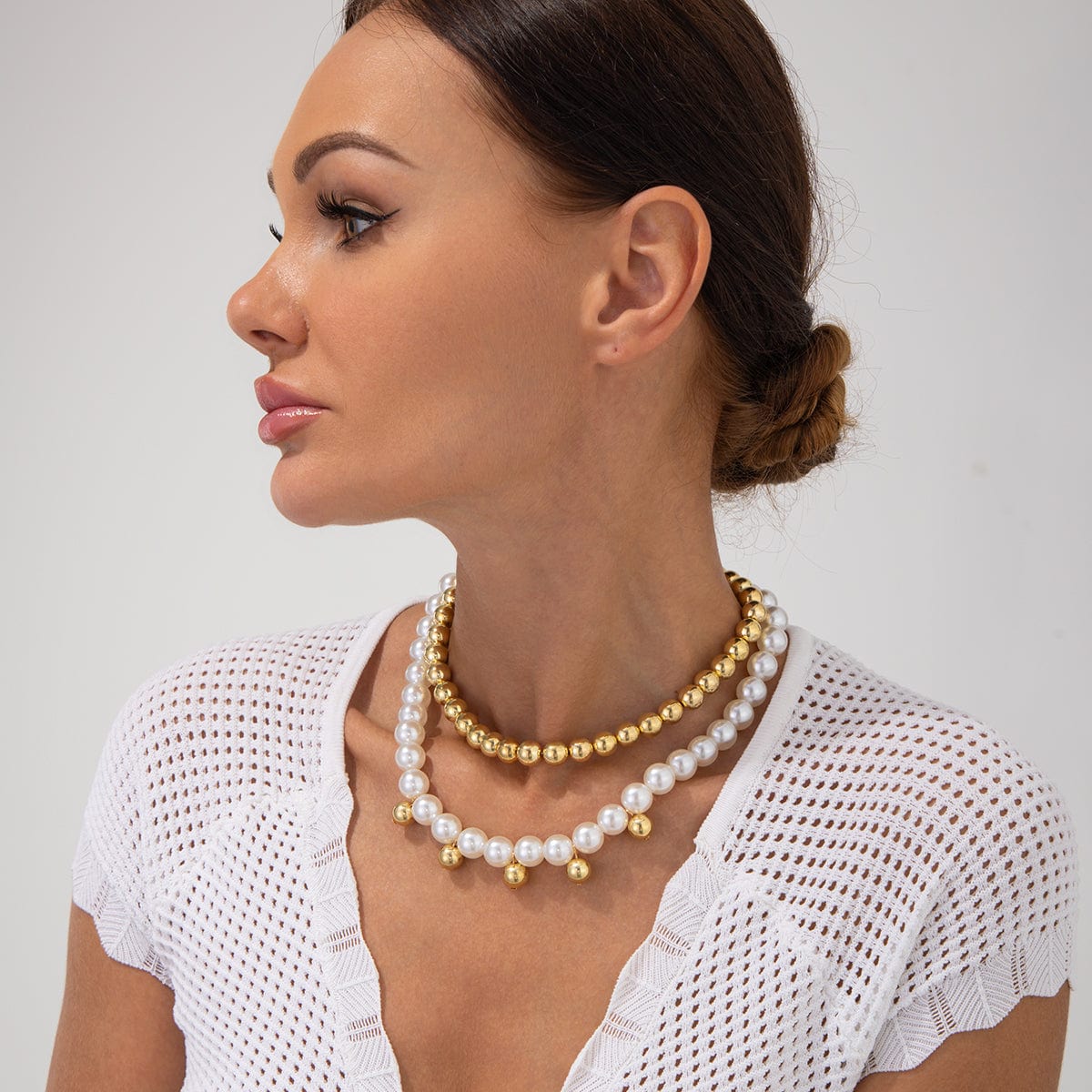 Stylish 2pcs Gold Silver Plated Pearl Chain Necklace Set - ArtGalleryZen