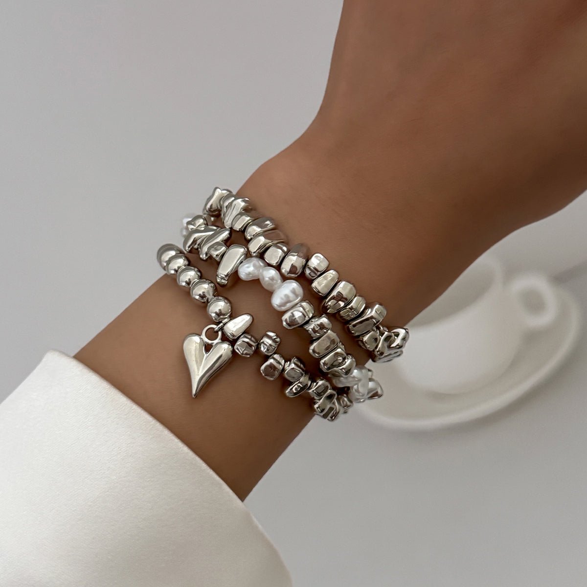 Stylish 3pcs Heart Charm Pearl Irregular Beaded Chain Bracelet Set - ArtGalleryZen