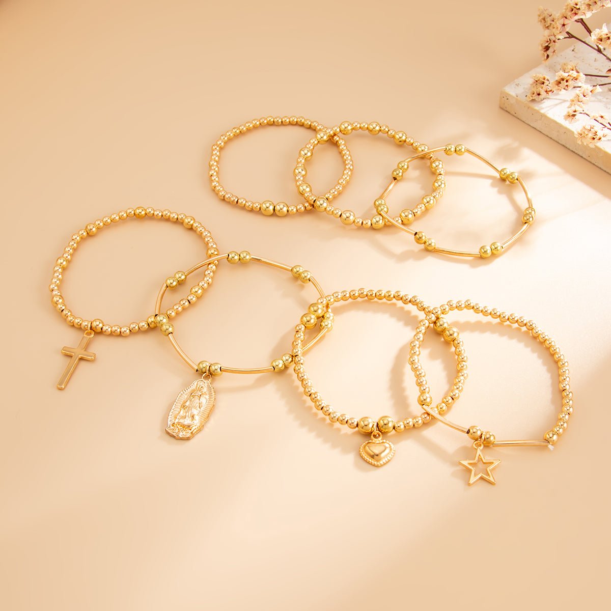 Stylish 7pcs Heart Star Cross Charm Ball Chain Bracelet Set - ArtGalleryZen
