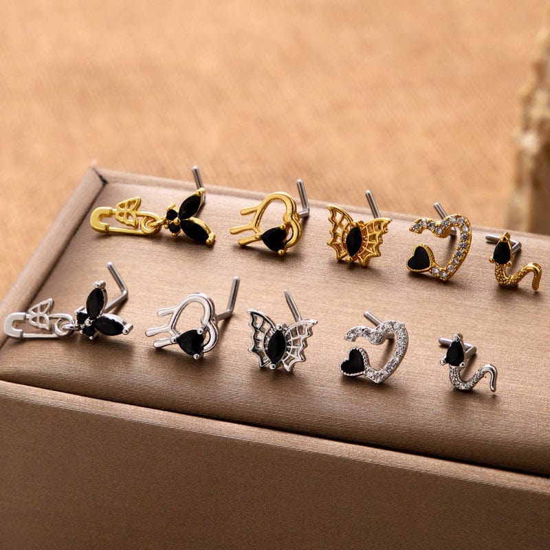 Stylish Black CZ Inlaid Stainless Steel Butterfly Spider Web Nose Piercing Nose Stud - ArtGalleryZen