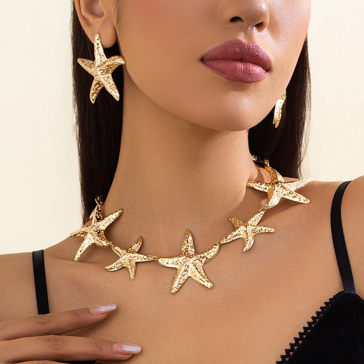 Stylish Chunky Gold Silver Tone Starfish Necklace Earrings Set - ArtGalleryZen