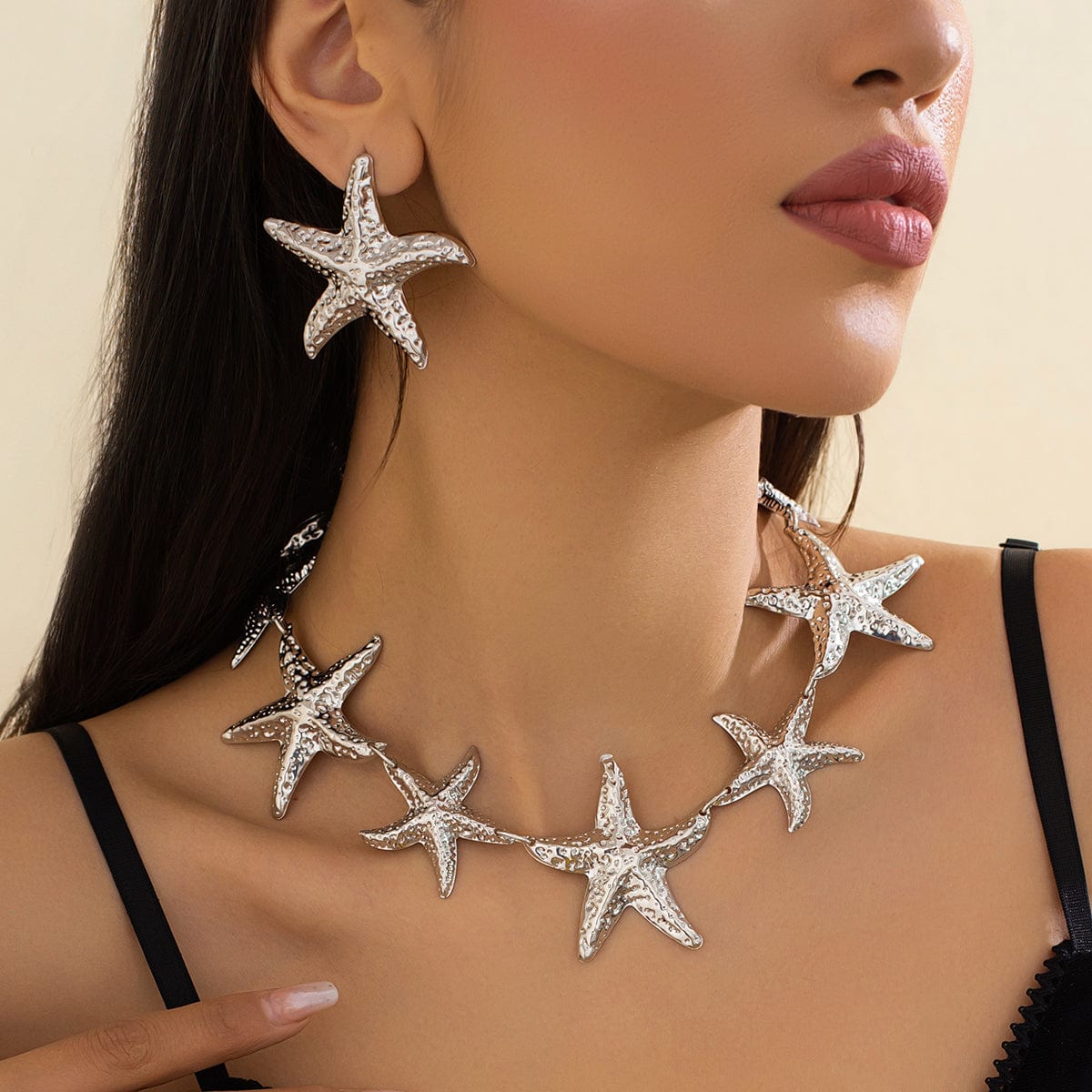 Stylish Chunky Gold Silver Tone Starfish Necklace Earrings Set - ArtGalleryZen
