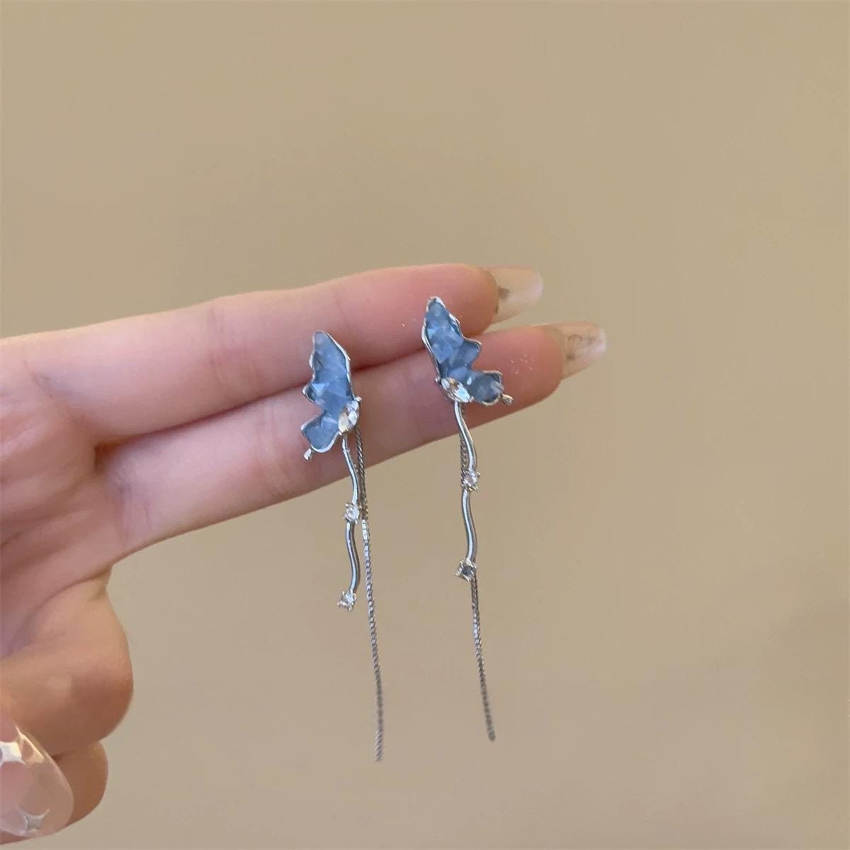 Stylish Irregular Crystal Stone Inlaid Butterfly Tassel Chain Earrings - ArtGalleryZen