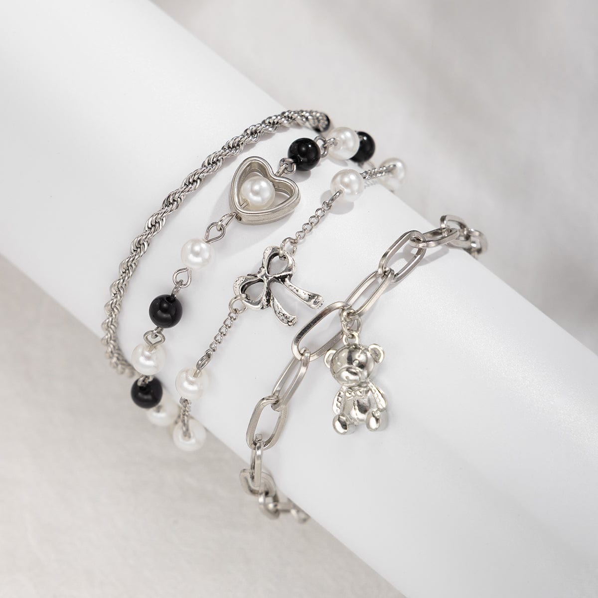 Stylish Layered Bear Bowknot Charm Pearl Rope Chain Bracelet Set - ArtGalleryZen