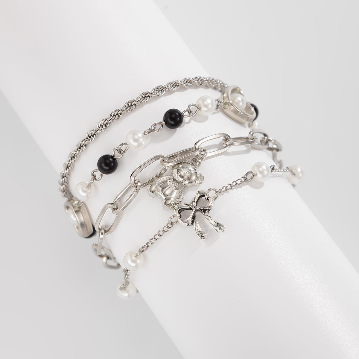 Stylish Layered Bear Bowknot Charm Pearl Rope Chain Bracelet Set - ArtGalleryZen