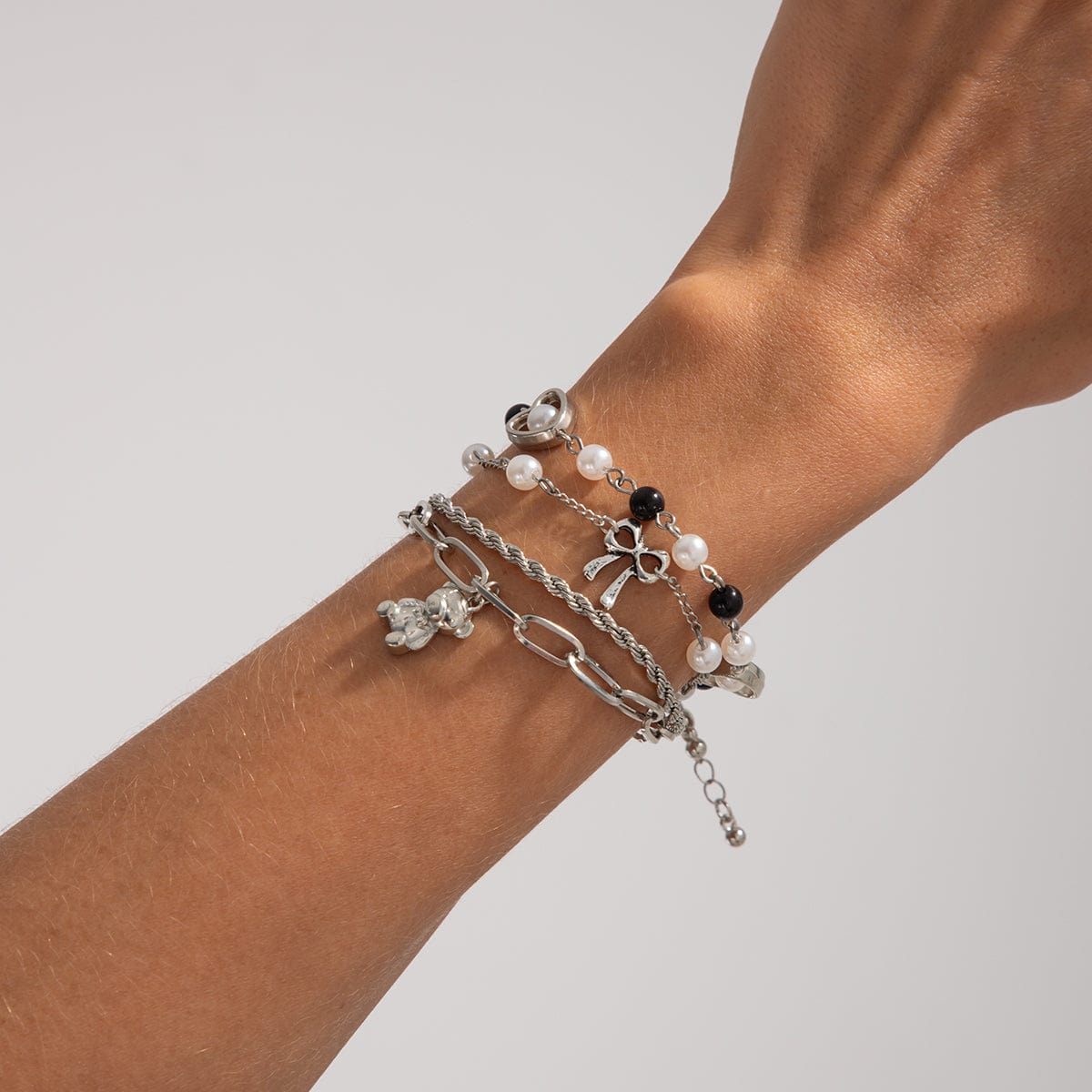 Stylish Layered Bear Bowknot Charm Pearl Rope Chain Bracelet Set - ArtGalleryZen