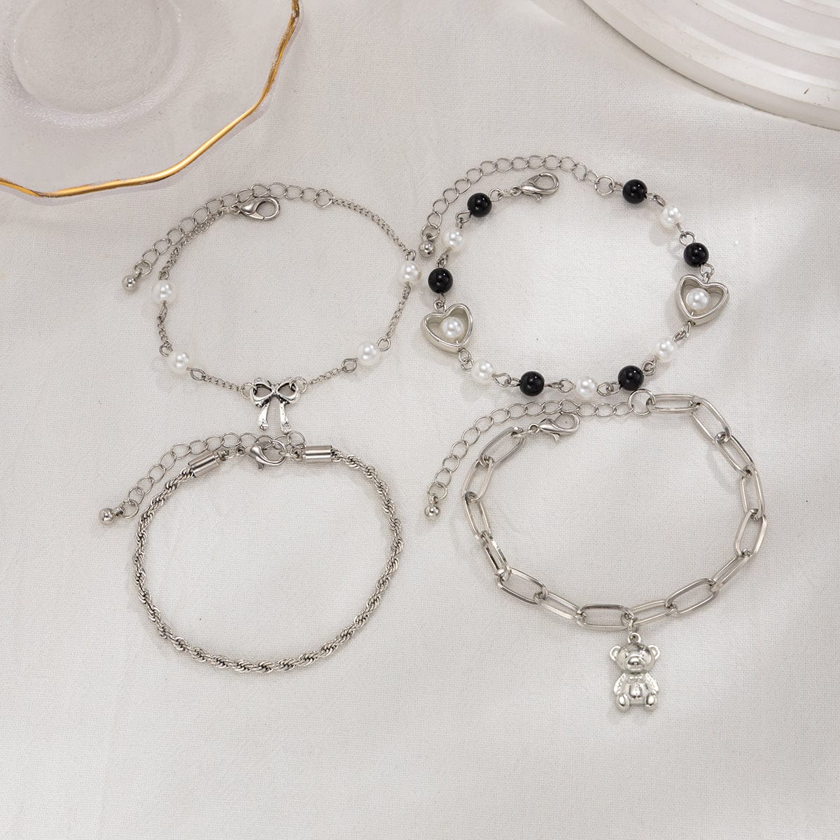 Stylish Layered Bear Bowknot Charm Pearl Rope Chain Bracelet Set - ArtGalleryZen