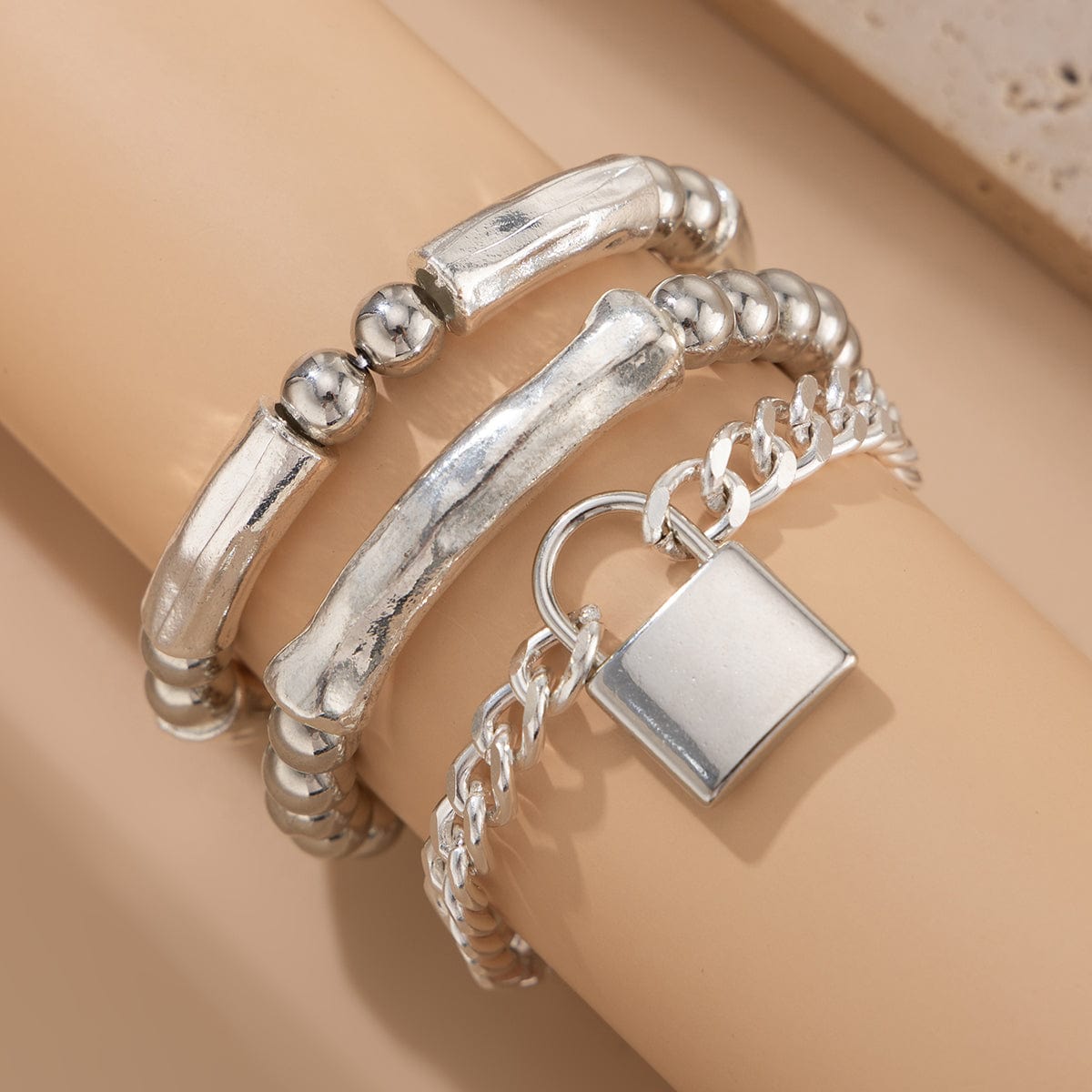 Stylish Layered Chunky Lock Charm Curb Ball Chain Bracelet Set - ArtGalleryZen