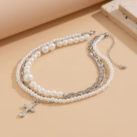 Thumbnail for Stylish Layered Cross Pendant Pearl Chain Necklace - ArtGalleryZen