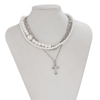 Thumbnail for Stylish Layered Cross Pendant Pearl Chain Necklace - ArtGalleryZen