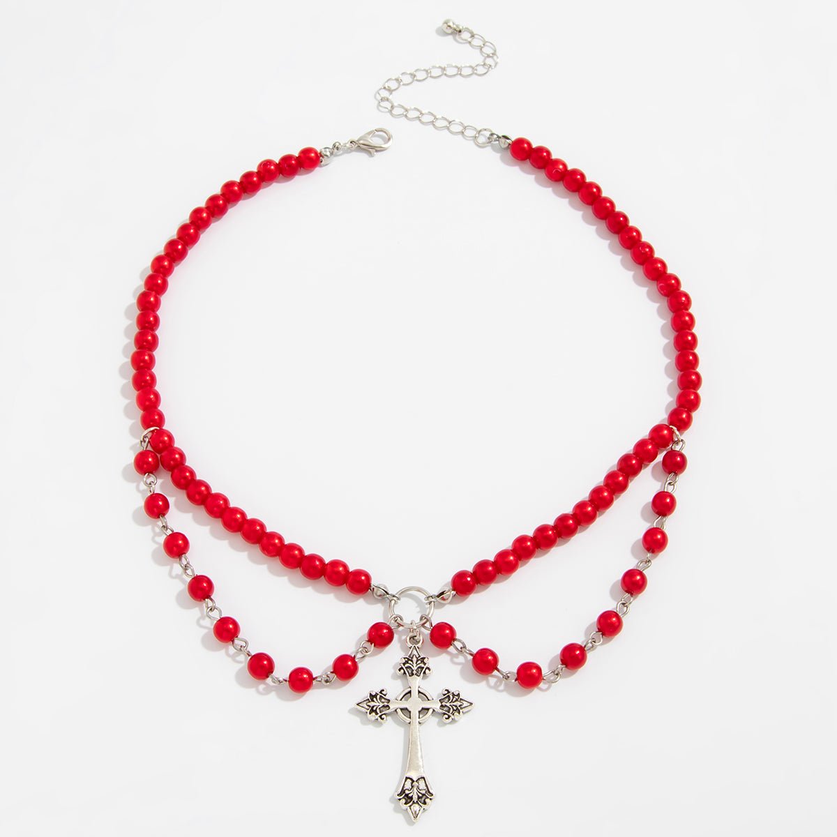 Stylish Layered Floral Cross Pendant Red Pearl Chain Necklace - ArtGalleryZen