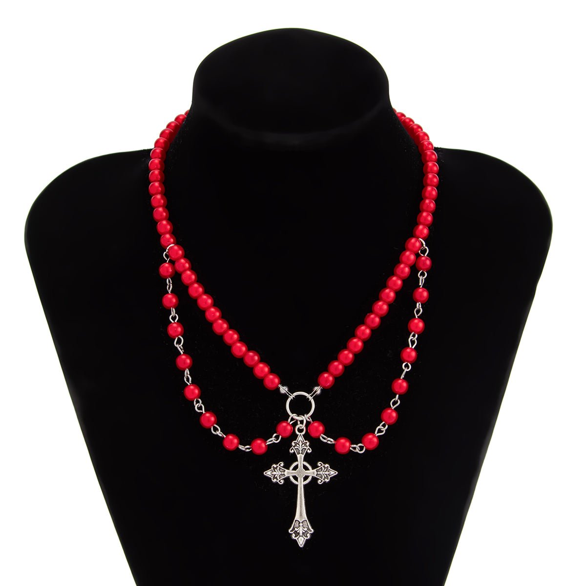Stylish Layered Floral Cross Pendant Red Pearl Chain Necklace - ArtGalleryZen