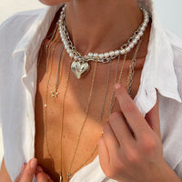 Thumbnail for Stylish Layered Heart Pendant Cross Star Tassel Long Chain Pearl Necklace - ArtGalleryZen