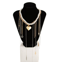 Thumbnail for Stylish Layered Heart Pendant Cross Star Tassel Long Chain Pearl Necklace - ArtGalleryZen
