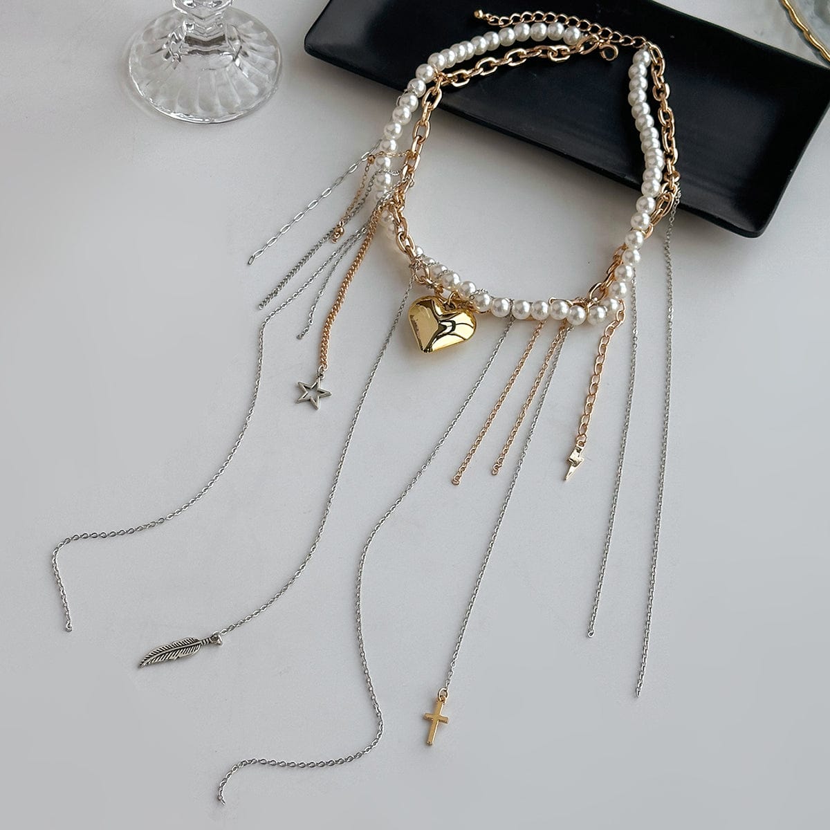 Stylish Layered Heart Pendant Cross Star Tassel Long Chain Pearl Necklace - ArtGalleryZen